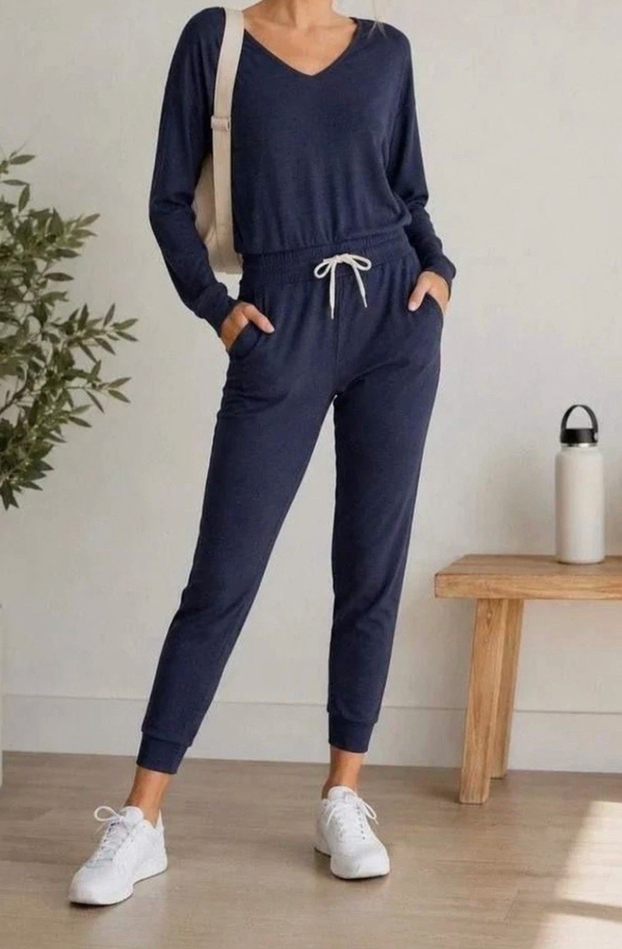VUORI Lux Long Sleeve V-Neck Jogger Jumpsuit Midnight Heather Blue Sz S EUC